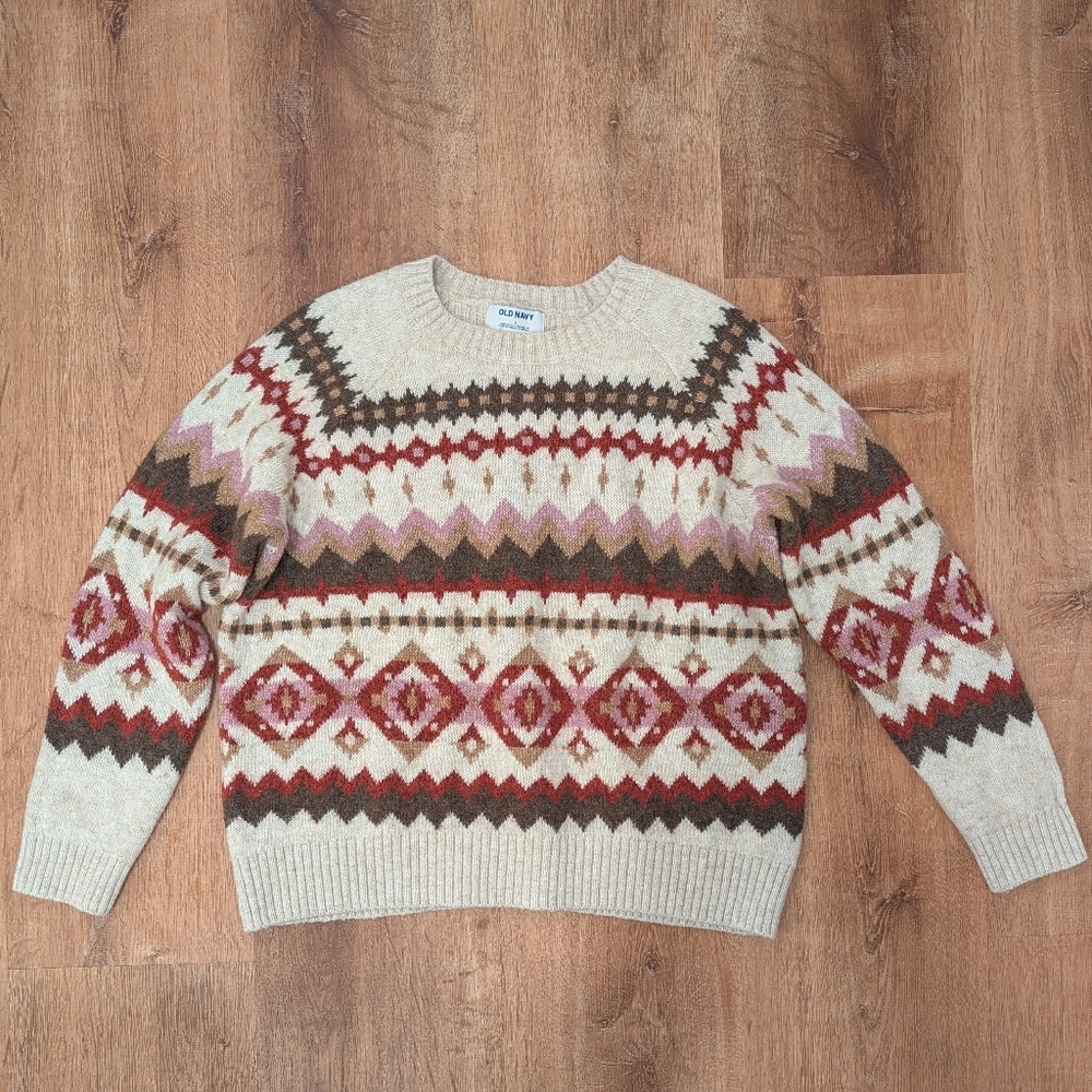Old Navy Cozy Knit Fair Isle Sweater in Cream Red Pink & Brown Size S